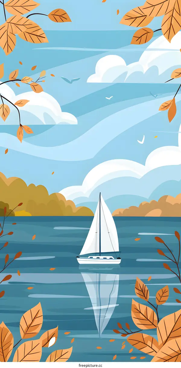 Sailing Boat on a Calm Lake With Autumn Leaves