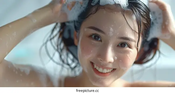 Asian woman washing her hair with shampoo in shower closeup