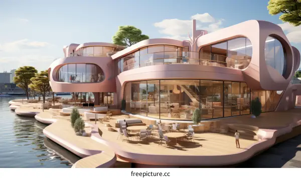 pink modern house on water with large windows