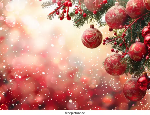 Christmas ornaments hanging on a fir tree branch