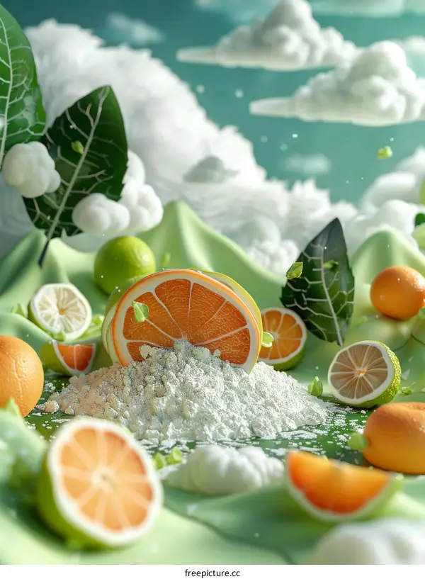 Surreal still life with levitating fruit and clouds