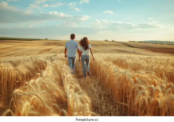 A couple is walking in a wheat field
