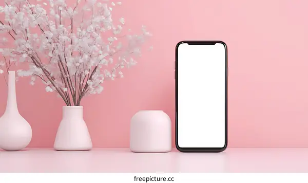 Pink Background With White Flowers and Smartphone