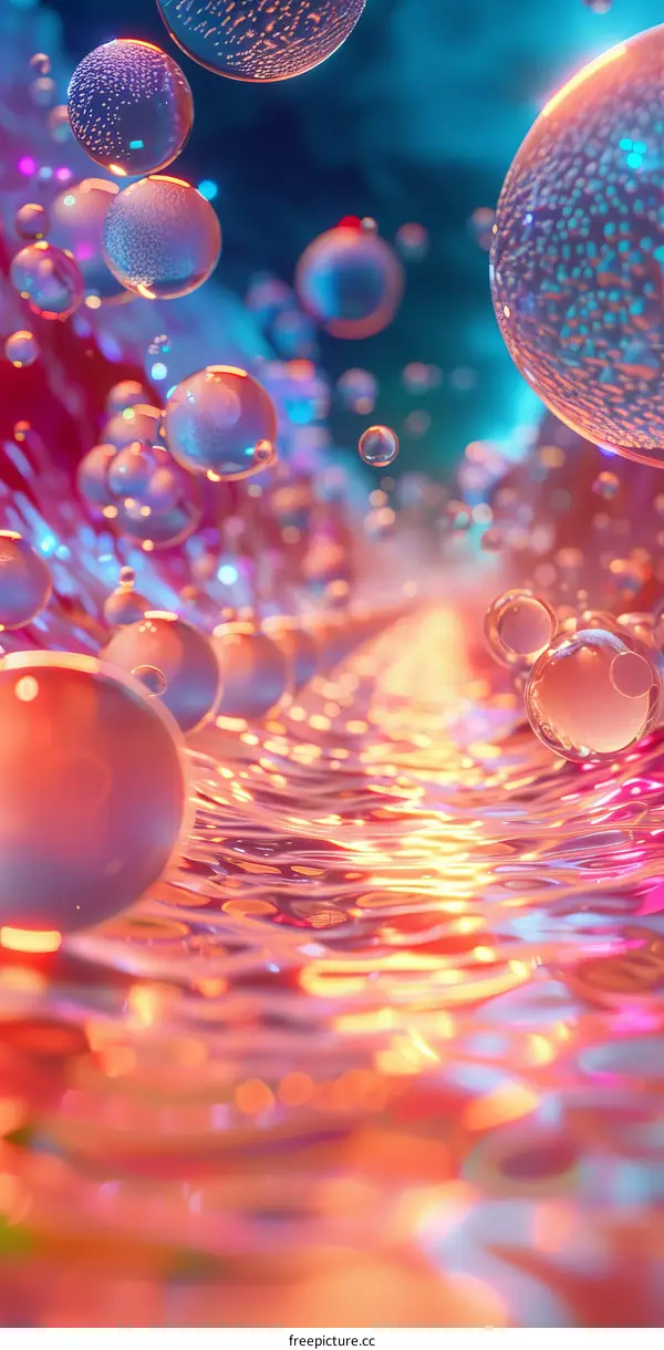 Colorful bubbles floating on a reflective surface