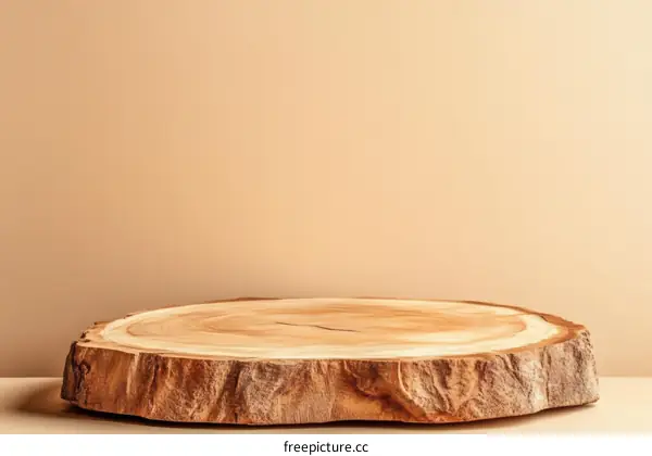 Wooden Slice Display Stand Against Beige Background