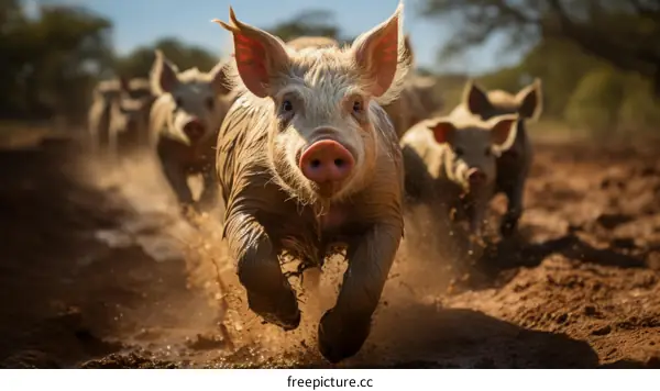 A group of muddy domestic pigs running