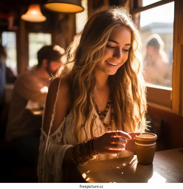 Portrait of a beautiful smiling blonde woman sitting in a cafe