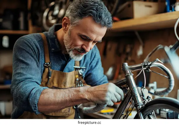 Senior Man Working On A Vintage Bike In His Workshop