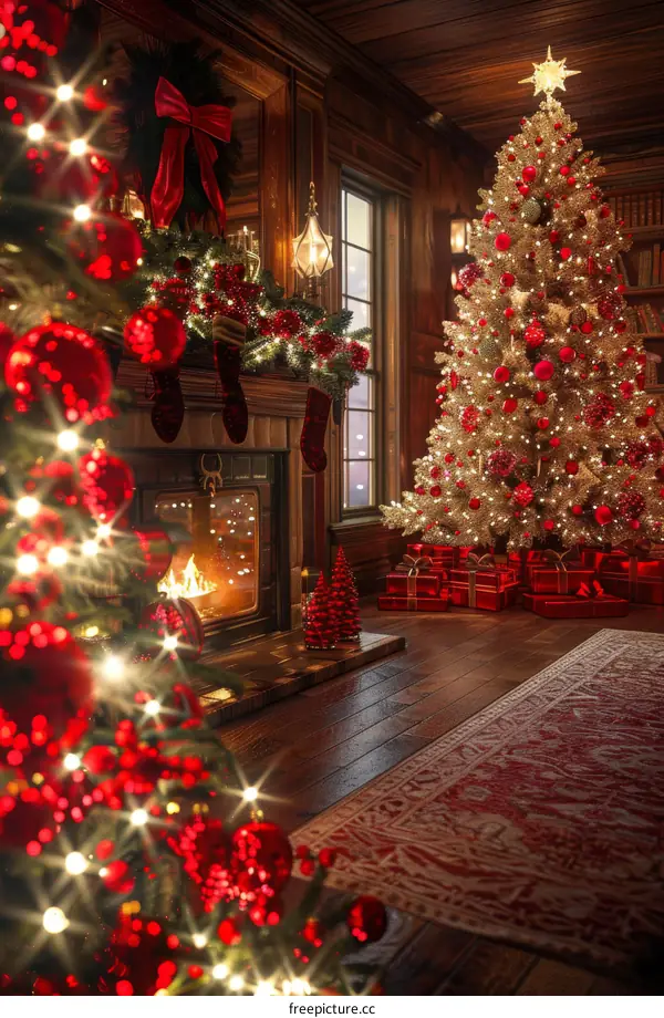 Christmas Tree Decorated with Ornaments and Lights in a Cozy Living Room