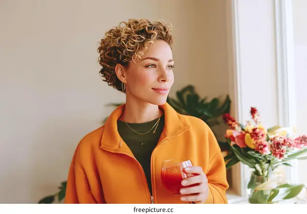 Woman enjoying a drink by the window