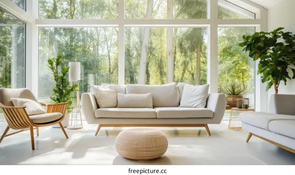 Bright living room interior with large windows and comfortable furniture