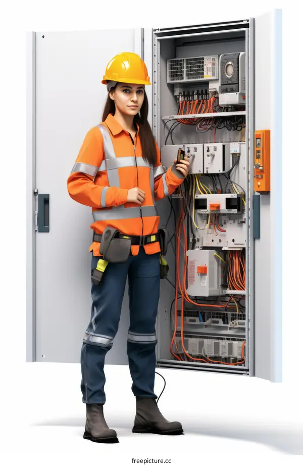 Female Electrician Inspects Electrical Panel