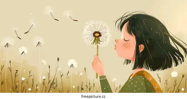 Little girl blowing dandelion seeds in a field