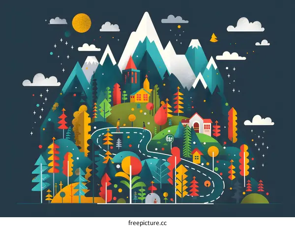 Flat Design Illustration of Colorful Mountain Landscape with People Walking on Road