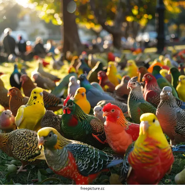 A large group of colorful birds gathered on the ground in a park