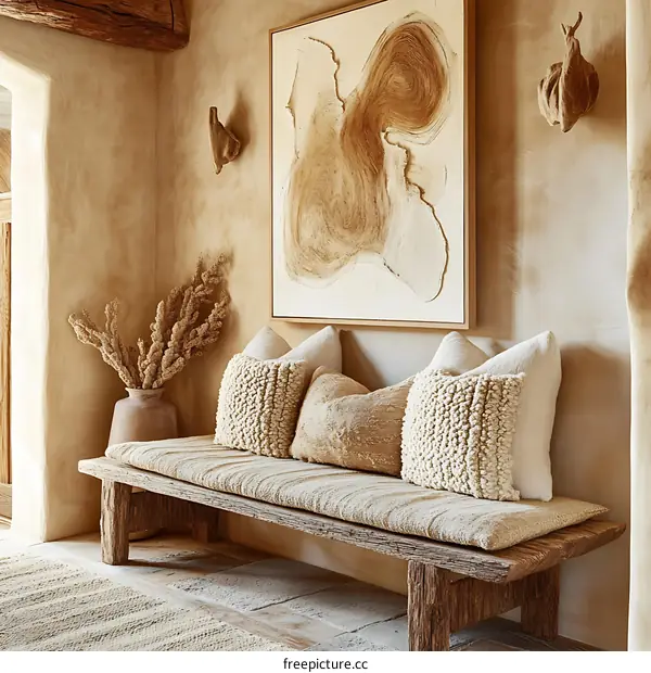 Beige Interior Design with Rustic Wooden Bench