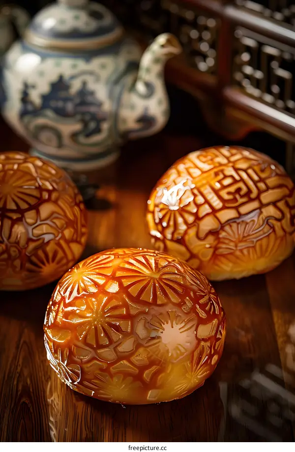 Close Up of Three Round Brown Breads with Intricate Designs