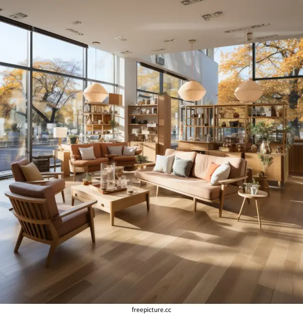 A living room with a large window and a wooden coffee table