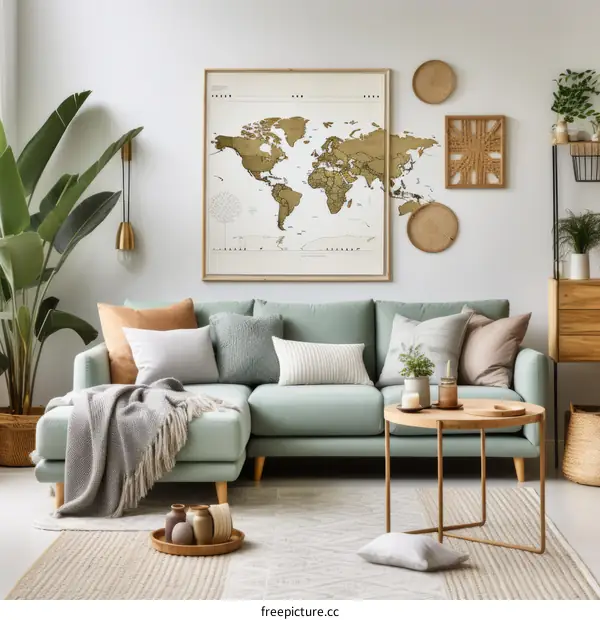 Modern Living Room with World Map Wall Decor