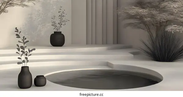 Minimalist Design with Round Pool and Black Vases