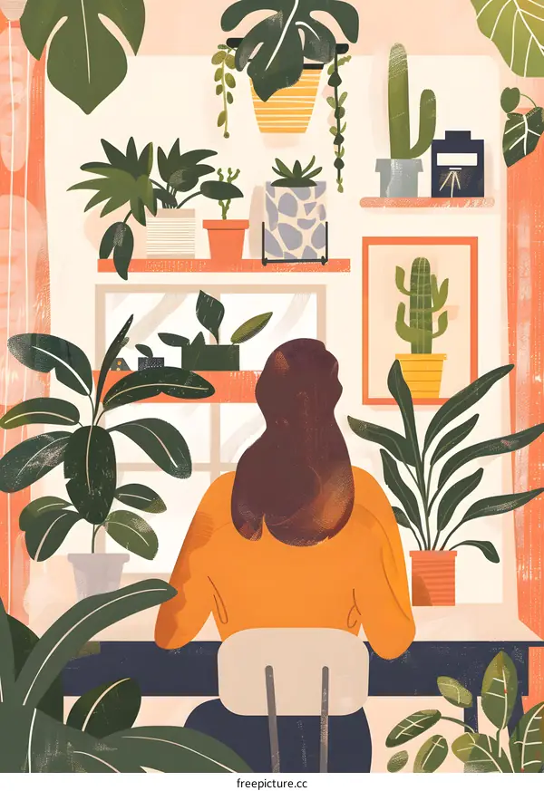 Woman Sitting At Desk With Plants In Room