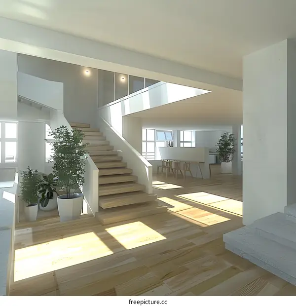Modern Minimalist Home Interior Design with Staircase and Sunlight