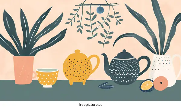 Yellow Teapot and Blue Teapot on Table with Plants