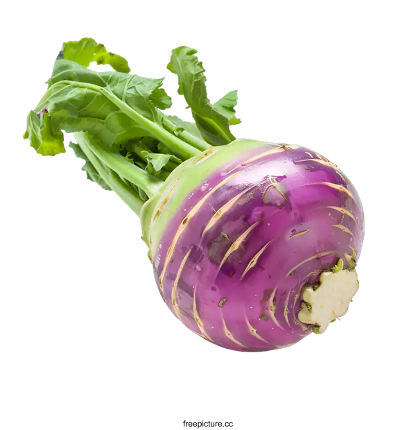 [Transparent Background PNG]Fresh Purple Kohlrabi with Green Leaves Isolated on White Background