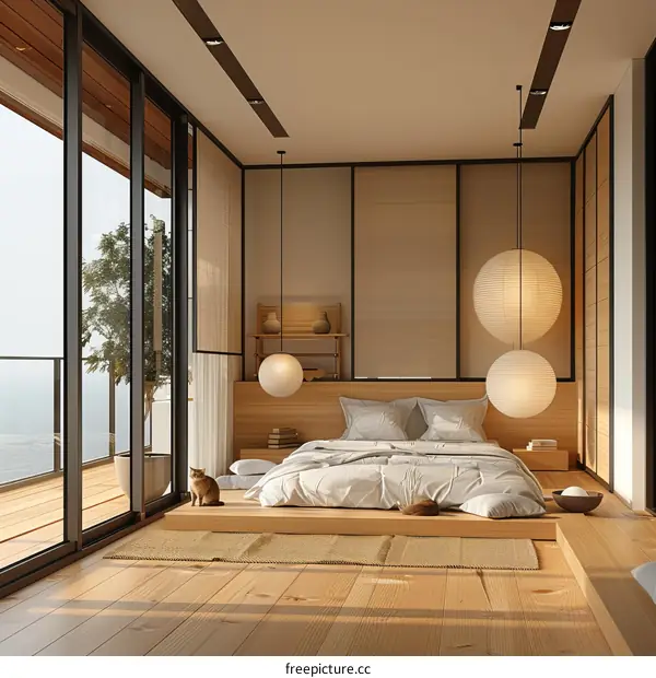 A bedroom with a minimalist and natural design