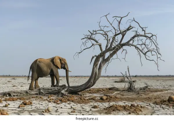 Elephant in the middle of a dry savanna