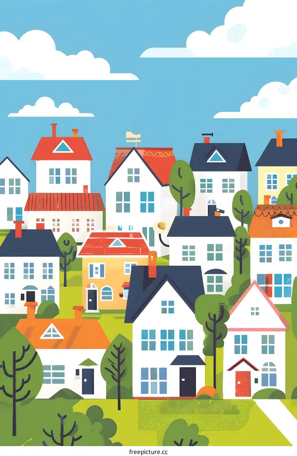 Colorful Illustration of a Suburb with Houses and Trees