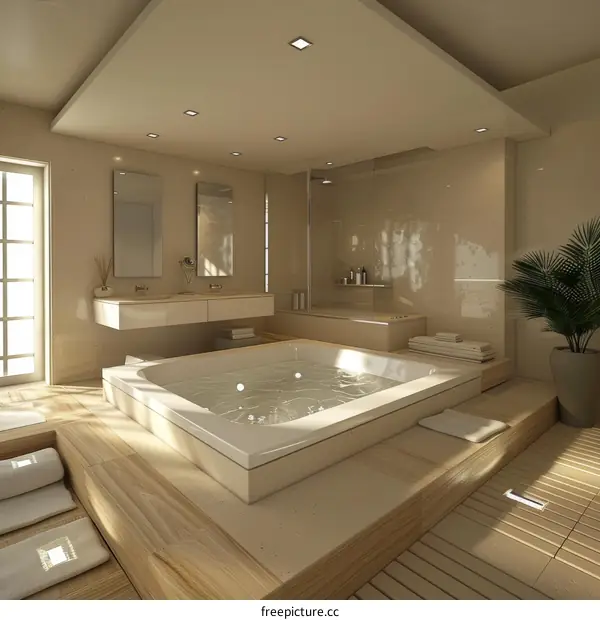 Luxury bathroom with jacuzzi and wooden floor