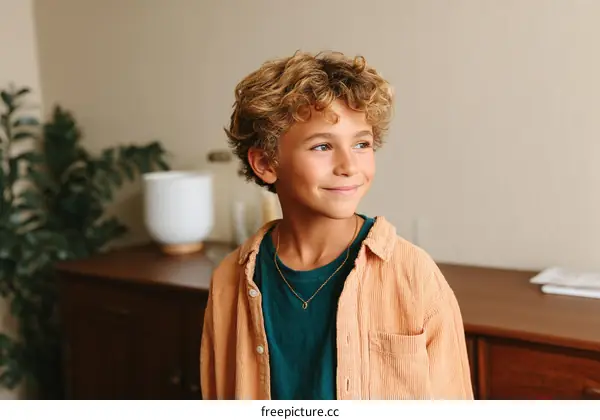 Smiling Boy in a Coral-Colored Shirt