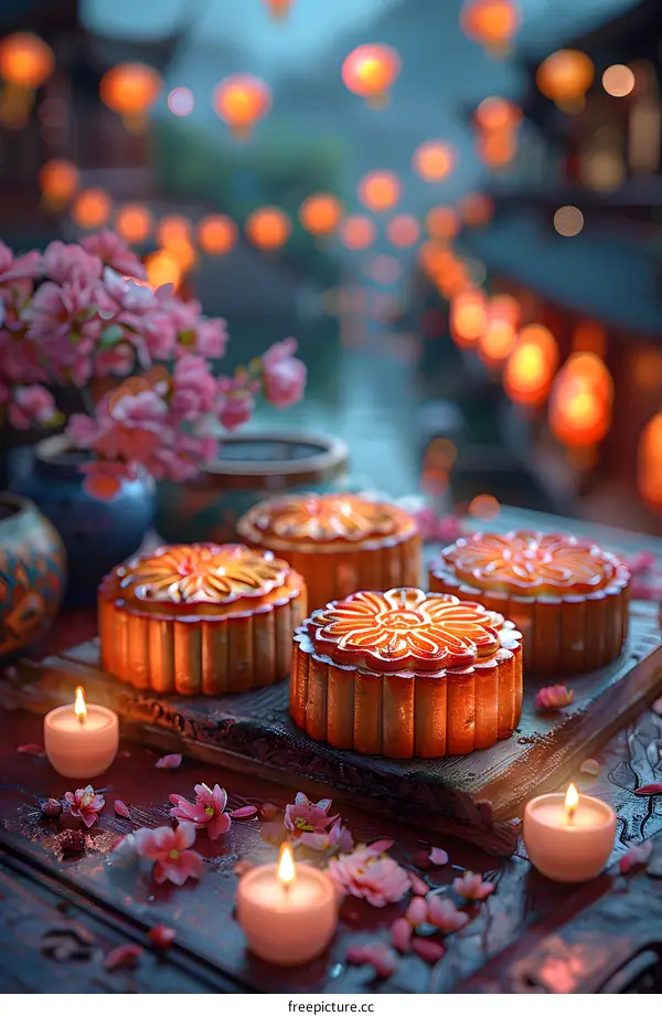 Mooncakes on a Table With Lanterns in the Background