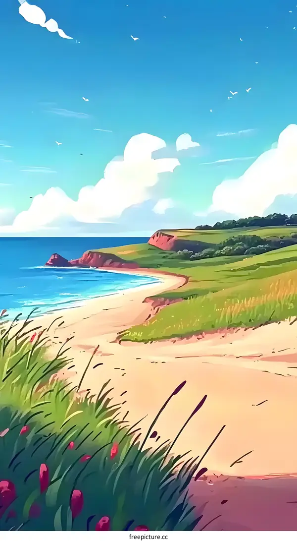 Scenic Coastal Landscape with Lush Greenery and Sandy Beach