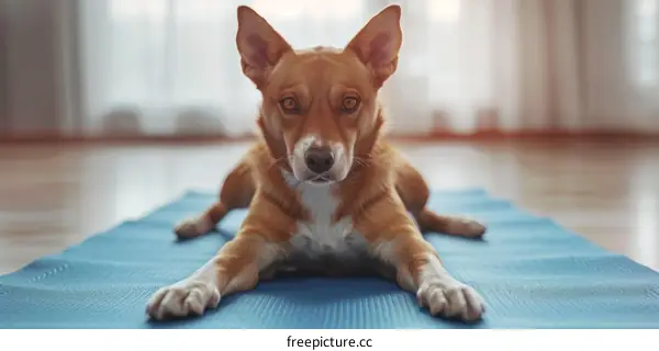 A brown dog is lying on a blue yoga mat and looking at the camera