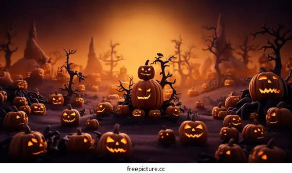 Spooky Halloween Pumpkin Patch in a Dark Forest