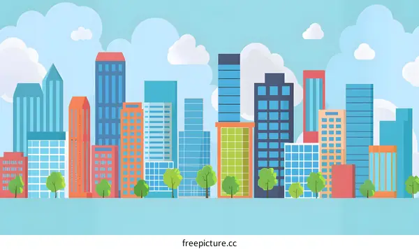 Colorful Cityscape with Skyscrapers and Green Trees