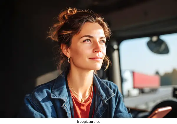 Woman Driver Contemplating the Road Ahead in Truck Cab