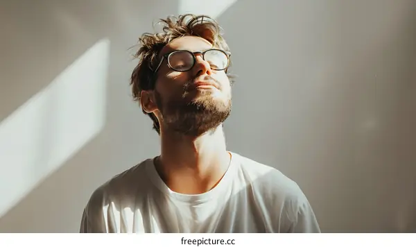 A man with glasses is enjoying the sun with his eyes closed