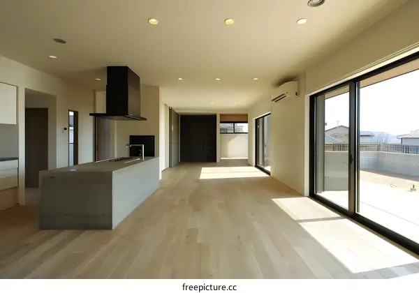 Modern Minimalist Living Room Design with Concrete Kitchen Island