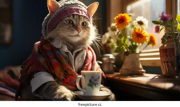 A cat wearing a hat and scarf is sitting at a table and having tea