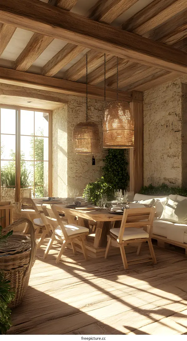 Rustic Wooden Dining Room Interior Design with Wicker Pendant Lights