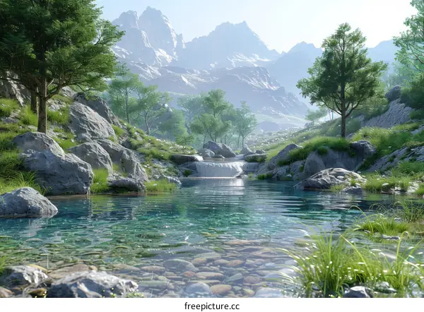 Serene Mountain Stream in Lush Valley