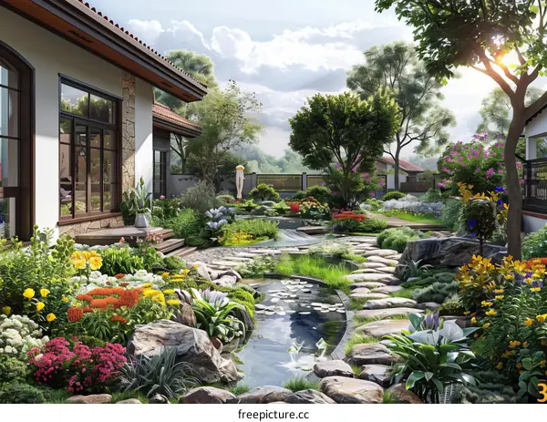 Garden Landscape Design Renderings: Villa Courtyard with Chinese Elements