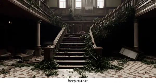 Abandoned Mansion With Overgrown Ivy and Broken Furniture