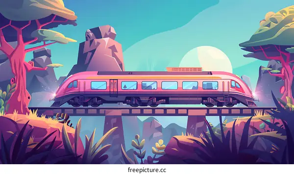 Cartoon Pink Train Traveling Through Mountains
