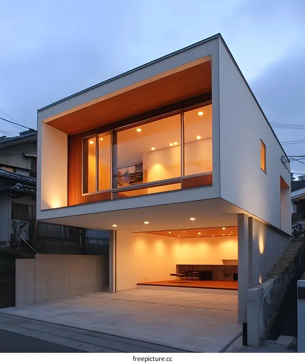 Modern Japanese House with Wooden Accents and Large Windows