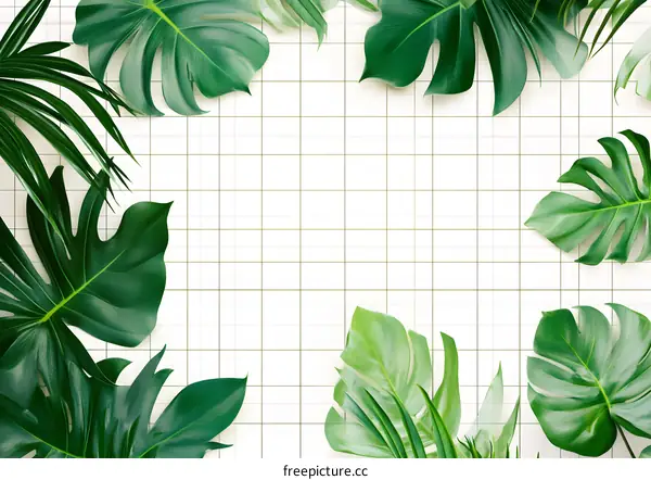 Green Tropical Leaves On White Grid Background