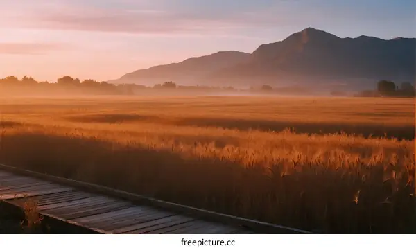 Golden Wheat Field with Wooden Pathway at Sunrise